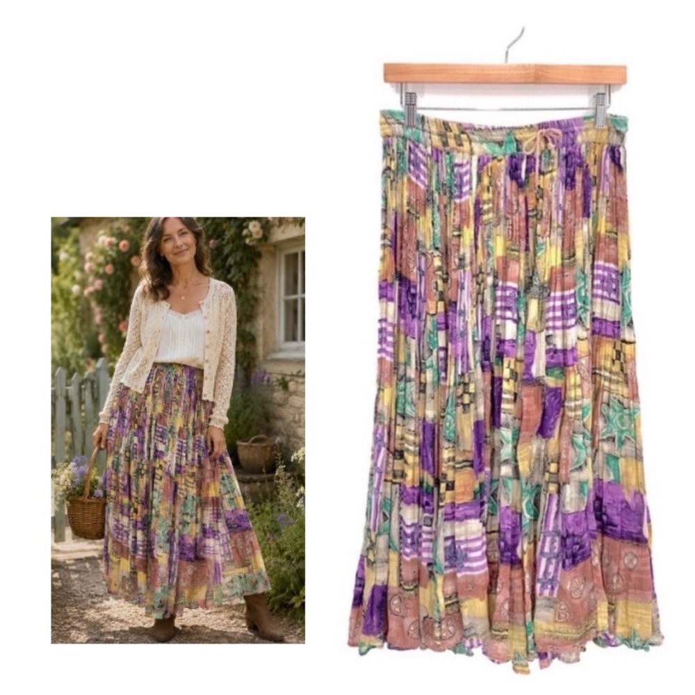 Vintage 90’s Multi Color Patchwork Pull on Maxi Skirt Broom Skirt Size Medium